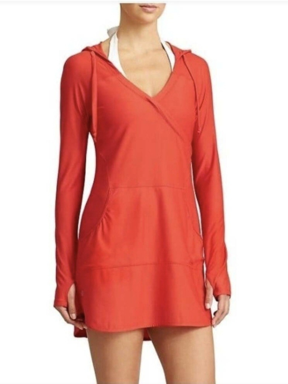 Athleta Coral-Red Wick It Wader Hooded Cover-up Swim Dress